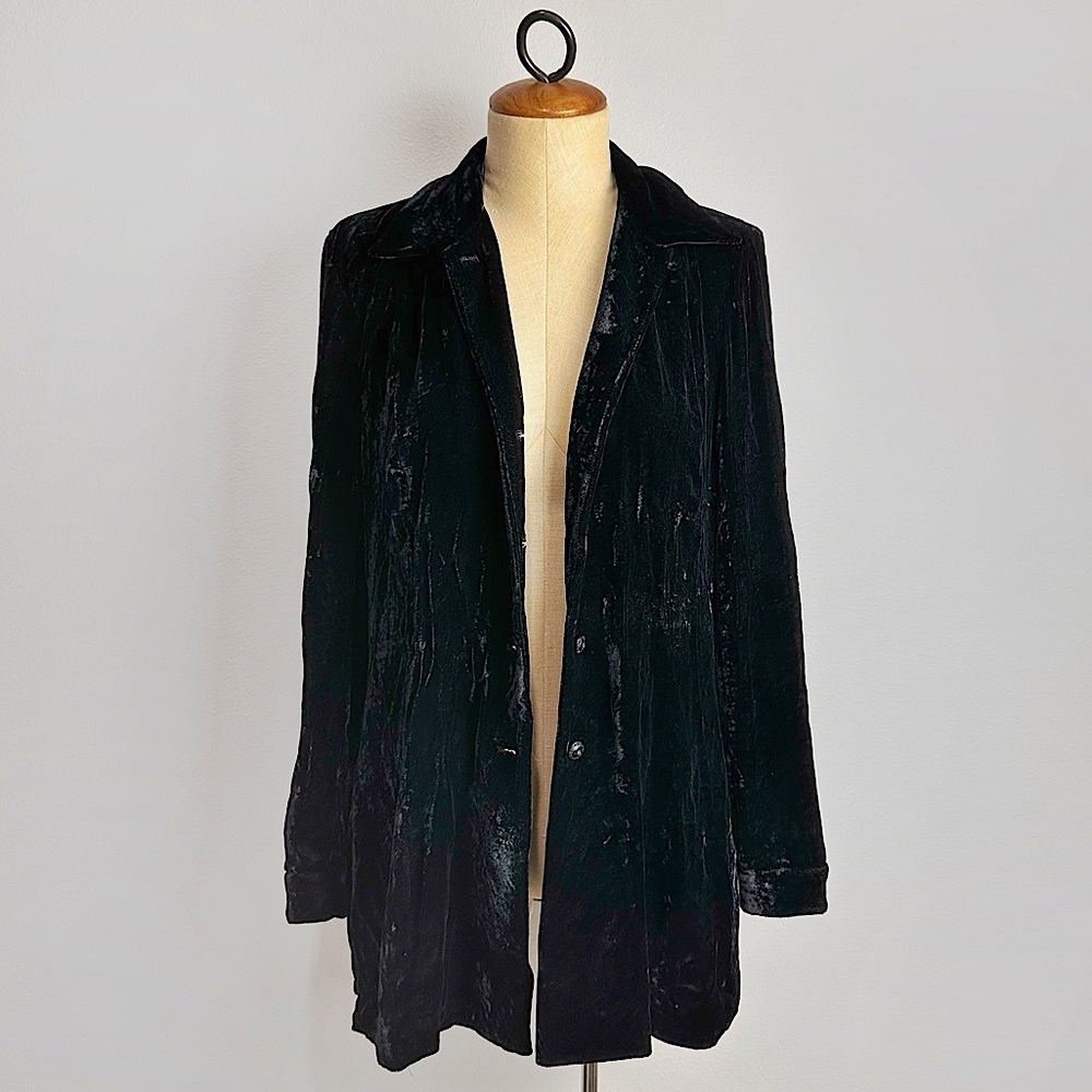 Vintage Liz Claiborne Crushed Velvet Long Blazer Black Rayon Silk 10 Petite